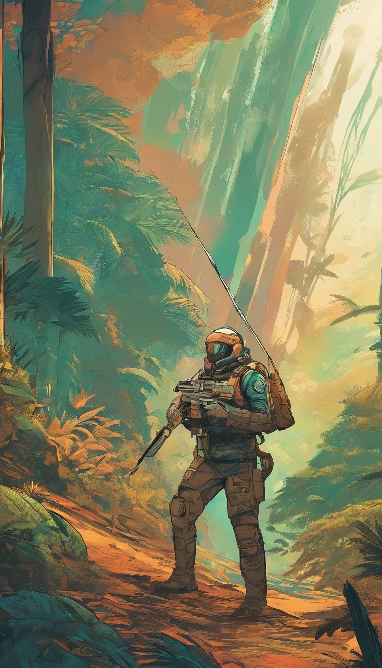 A middle-aged man with vicissitudes, Spear in hand, Hunt a brown bear in the jungle