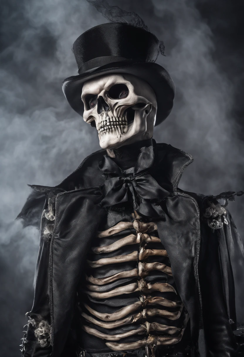 realistic portrait photo of a man dressed as a skeleton vampire hybrid, costume, cosplay, cinematic halloween LUT