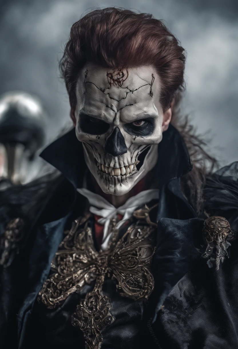 realistic portrait photo of a man dressed as a skeleton vampire hybrid, costume, cosplay, cinematic halloween LUT