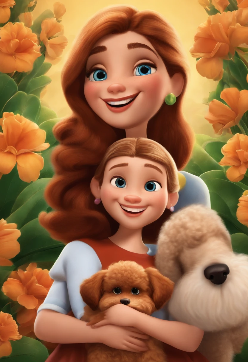 Create a poster inspired by Disney Pixar movies, apresentando um casal acompanhado por uma menina de altura mediana com cabelos castanhos escuros, Full lips and dark eyes and silly face together with brown poodle puppy girl, cachorrinho de pele bem cuidada com dentes caninos afiados e pontiagudos brincando. The poster is titled 'Lily' Digital art should be in the Pixar style, reminiscent of an animated feature.