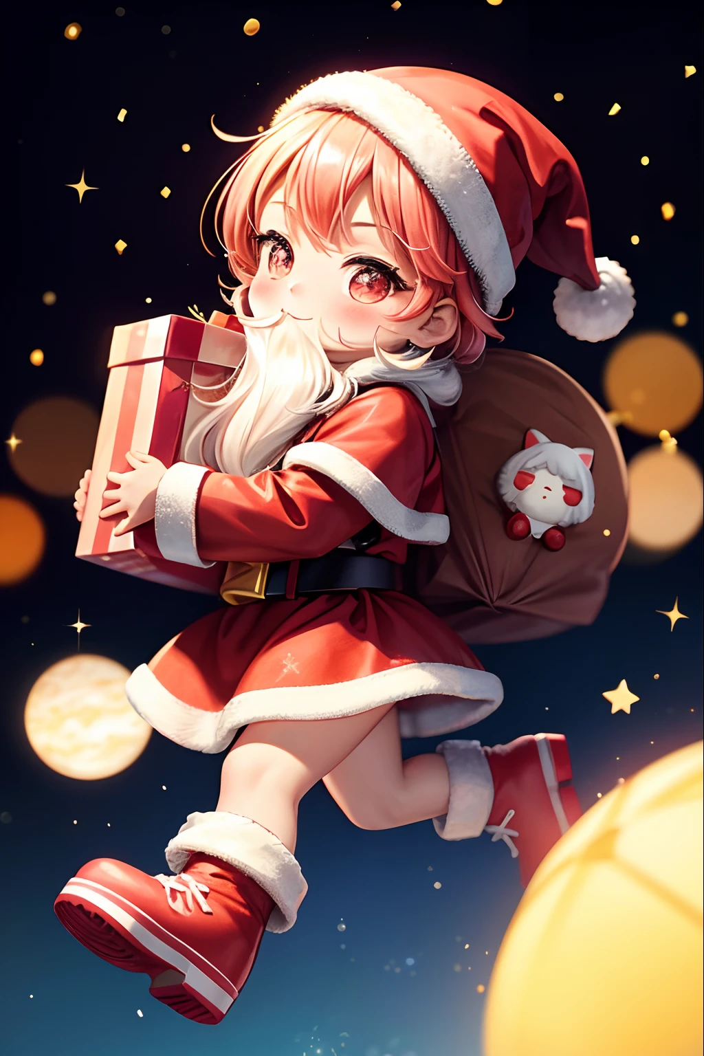 Santa Claus happily carrying presents、Santa is a pretty girl、Chibi Doll、Stars in the eyes（kirakira）、Laugh、Cute red shoes、foco nítido, Ultra Detail, radiant light、bio luminescent、A large flag flutters in the background、Fire Emblem on the flag、Stronger bokeh effect