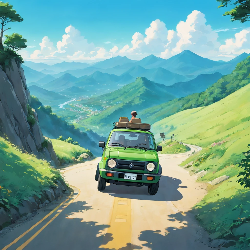 Suzuki Jimny　illustratio　Driving on mountain roads　personification　without background