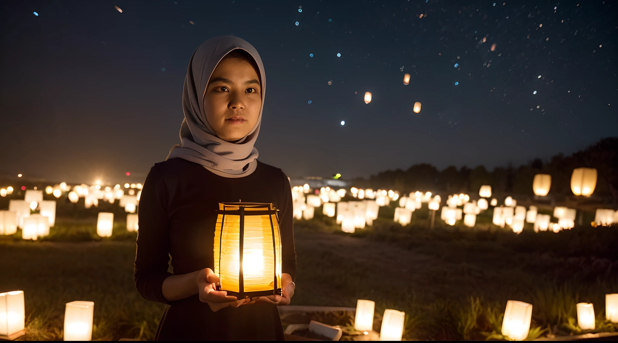 Place the Malay girl with hijab in a night sky filled with floating lanterns, creating a magical and ethereal atmosphere. She's releasing her own lantern into the sky, adding to the enchantment. Panavision DXL2, 28mm lens, Establishing shot, muted color grading, cinemascope, thriller, high quality, ultra detailed, 8k resolution,