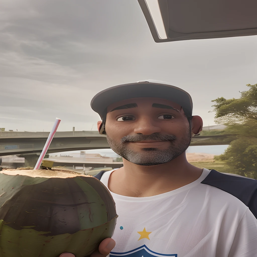 there is a man holding a coconut drink in his hand, 4 0 years old man, david rios ferreira, icaro carvalho, carmelo blandino, holding an avocado in his hand, in sao paulo, about 3 5 years old, luis melo, 3 6 years old, inspired by Francis Souza, he is about 4 0 years old