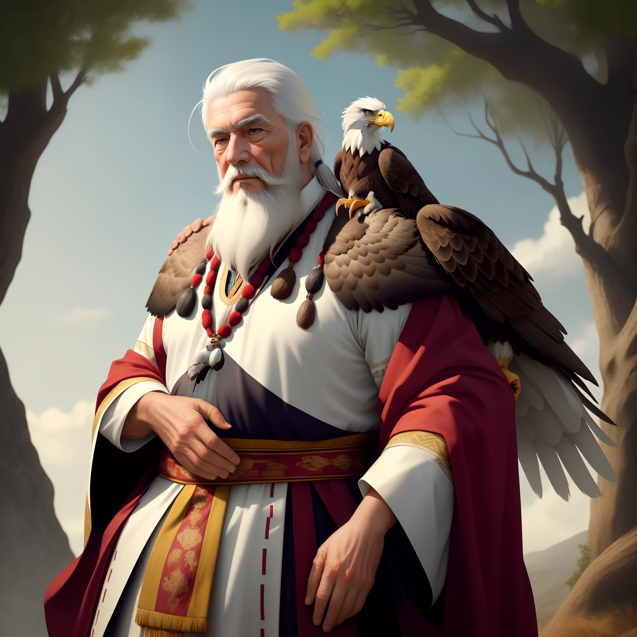 Please create a stunning image of an old sage with white hair and beard, dressed in traditional attire, having a majestic eagle perched on his shoulder. The image should convey wisdom, tranquility, and a connection with nature.