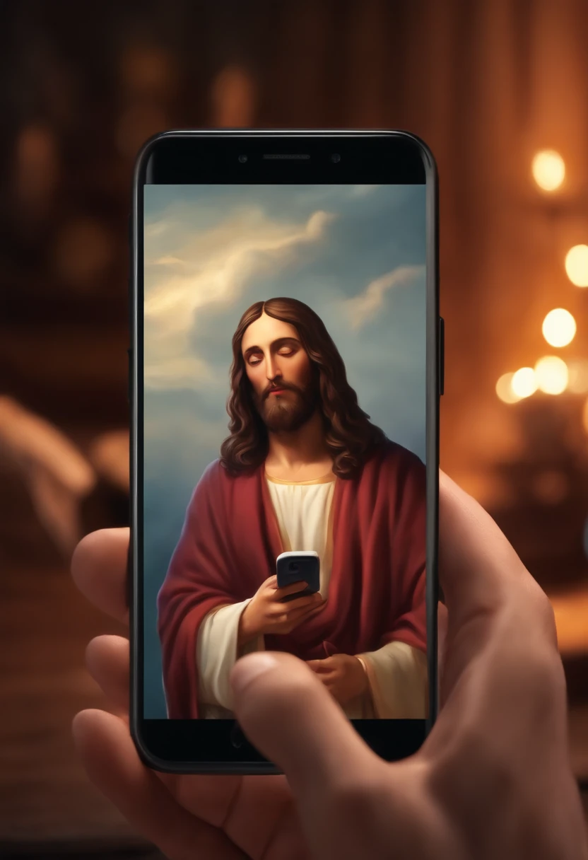 Jesus Christ with a cell phone in his hand doing a live, pintura digital altamente detalhada, estilo realismo anime, Pintura 4k, Estilo anime 3D realista