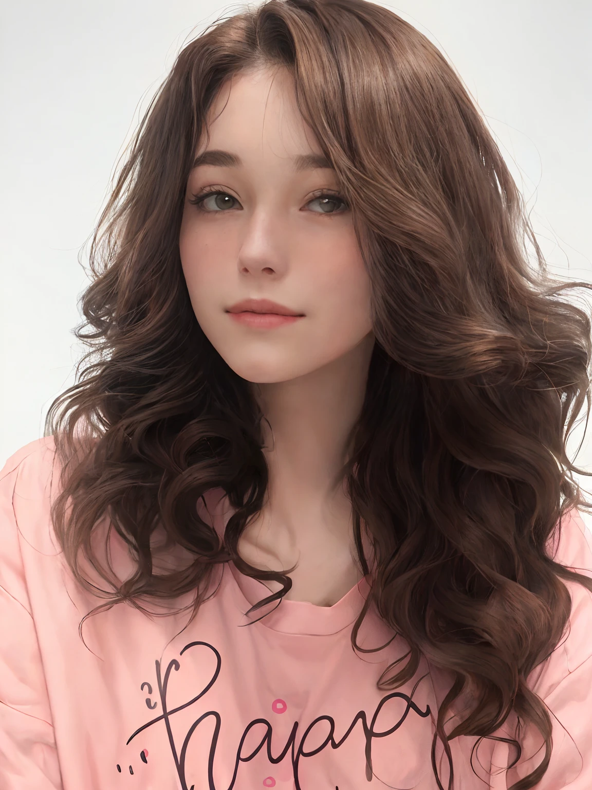 arafed woman with long hair wearing a pink shirt with the word happy on it, no makeup wavy hair, wavy hair spread out, wavy hair combed to one side, long wavy brunette hair, soft highlights, brown wavy hair, wavy hairstyle, wavy shoulder-length hair, curtain bangs, wavy hair, brown messy hair, with curls, alanis guillen