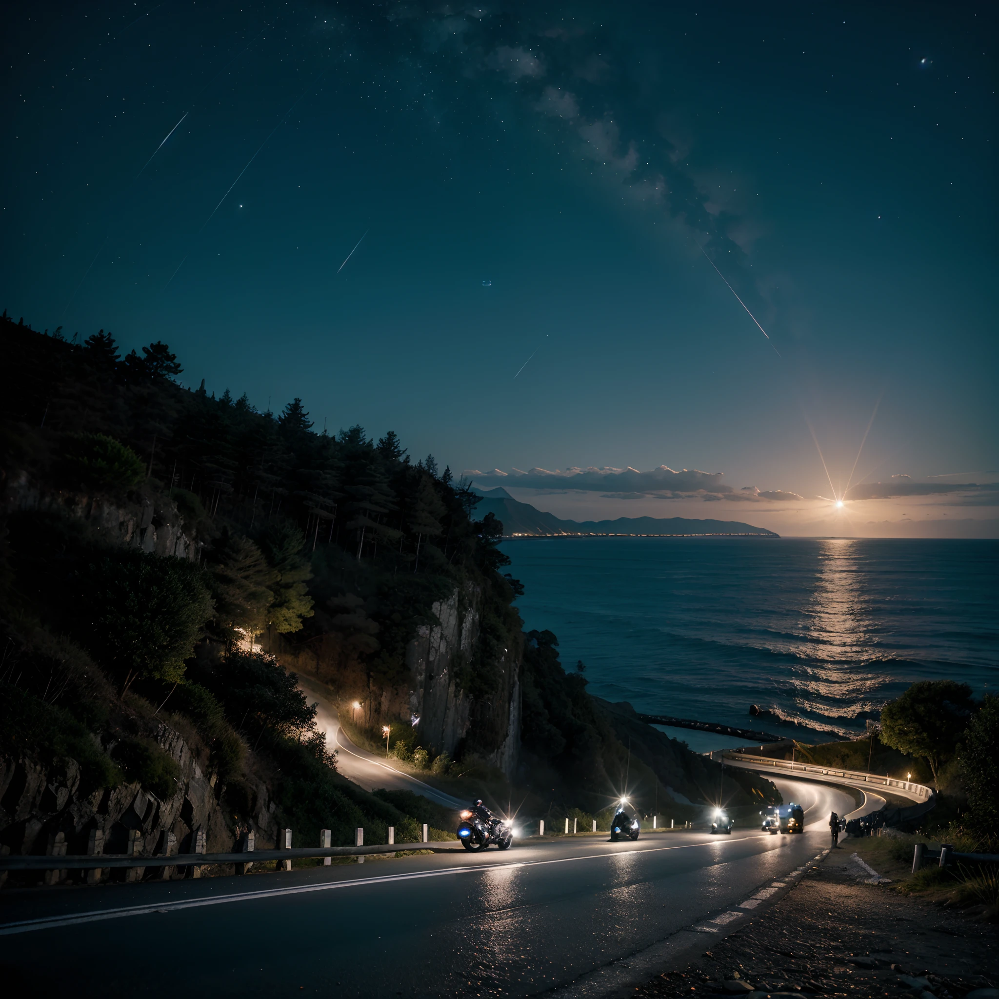 motorcyclists descending a winding road between the mountains by the sea with their motorcycles. Dark night with super moon reflecting in the sea and sky with many stars.
