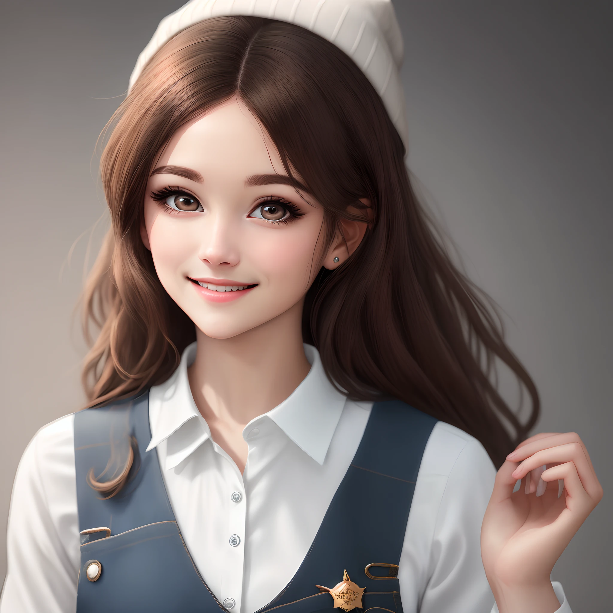 A mulher da imagem tem um sorriso caloroso e convidativo, com um toque de travessura nos olhos. Her eyes are a deep brown color and are framed by long, thick eyelashes. Its nose is small and slightly upturned and its lips are full and pink, giving you a youthful and fresh look. Her hair is long and dark, penteado de maneira elegante e elegante. She's wearing a white shirt, that complements your skin tone and adds a touch of sophistication to your look. The badge she wears suggests that she may be a professional or be attending an event. Beyond the clothes, She also wears a ring on her finger, which gives a personal touch to your overall look. The checkered backdrop behind it provides a visually interesting and dynamic backdrop for the photo.