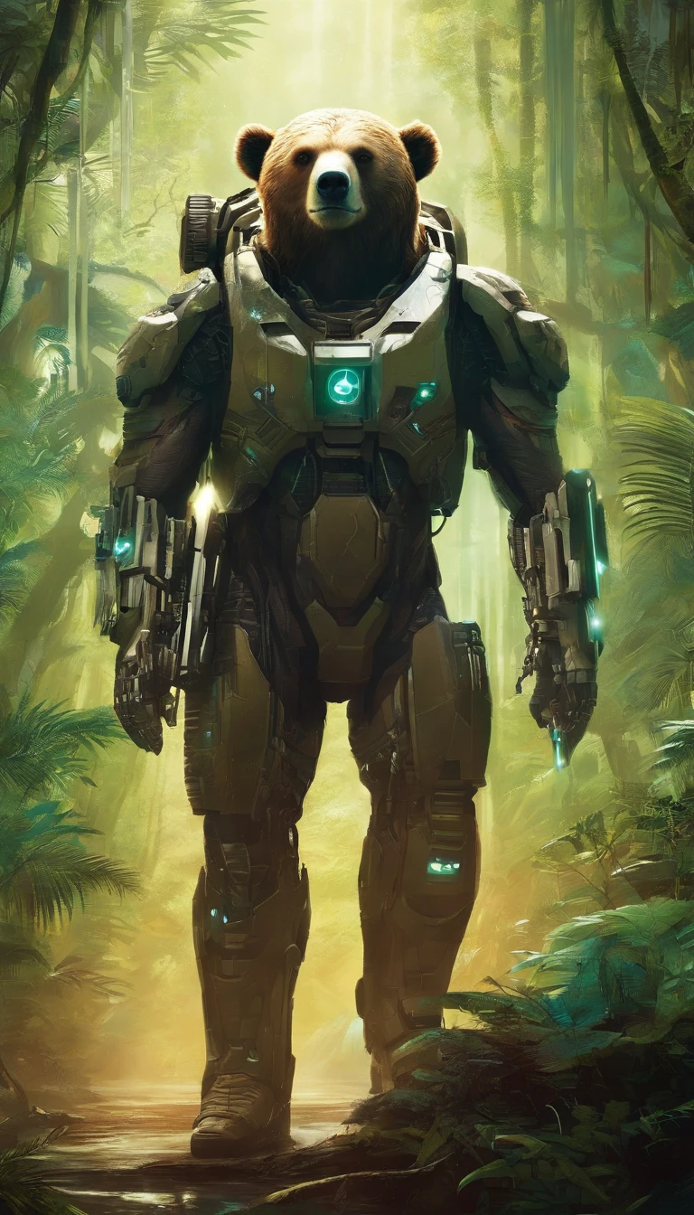 Um homem de meia-idade com vicissitudes, spear in hand, Hunt a brown bear in the jungle