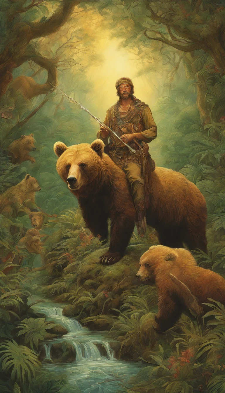 A middle-aged man with vicissitudes, Spear in hand, Hunt a brown bear in the jungle