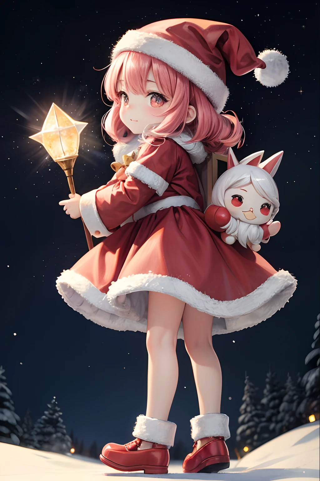 Santa Claus happily carrying presents、Santa is a pretty girl、Chibi Doll、Stars in the eyes(kirakira)、Eye Up、Laugh、Cute red shoes、foco nítido, Ultra Detail, radiant light、bio luminescent、snowscape、Draw a large snowflake in the foreground、Taken from the side、Stronger bokeh effect