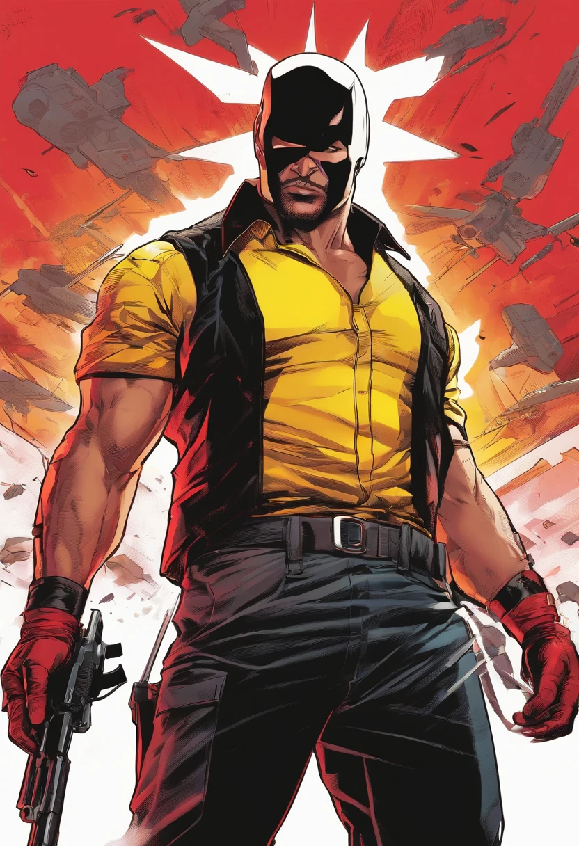 Homem com camisa preta, Black pants with gun holsters, Luvas, capacete de corrida preta vermelho amarelo, capacete, sem rosto, sai do nevoeiro