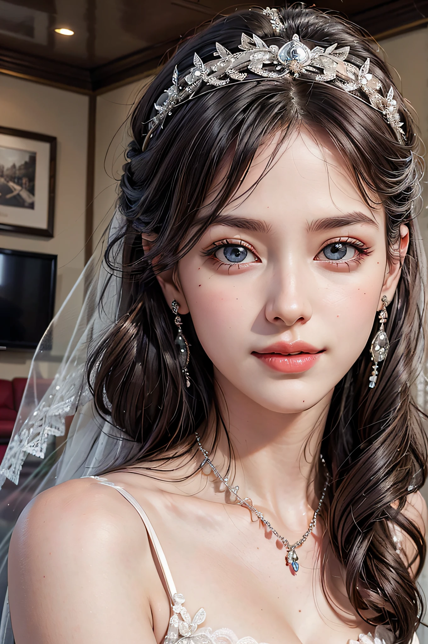 (1girl), Updo hairstyle, Princess, Extremely cute face, Amazing face and eyes, (Highly detailed eyes, Highly detailed face), fresh, Very clean appearance, (Hyper-realistic, hight resolution), (Best Quality:1.4), (hyper quality), Authentic skin texture, Raw photo, (Realistic, Photorealsitic:1.37), highly detailed, Professional Photography, (beautiful lace bridal dress:1.5), (lace bridal dress with open front), (cleavage:1.2), (Bare shoulders), Smile slightly, (Staring at me), luxurious tiara, luxury accessories, necklaces and earrings, (luxury living room:1.5), girl portrait,