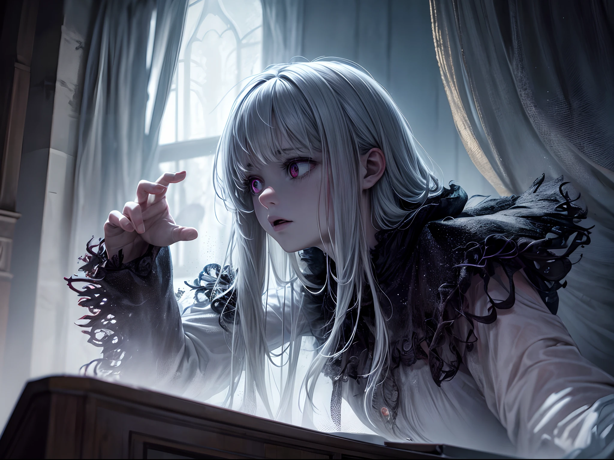 (best quality,4k,8k,highres,masterpiece:1.2),ultra-detailed,(realistic,photorealistic,photo-realistic:1.37),horror,ghost,ghostly figure,translucent apparition,dark shadow,haunting presence,ethereal entity,trembling in fear,white flowing gown,floating above the ground,pale and ghastly face,red glowing eyes,spectral hands outstretched,spooky atmosphere,dimly lit room,creepy sensation,sudden chill,gripped by terror,horror movie scene,paranormal activity,unsettling silence,nightmarish experience,goosebumps-inducing,rustling curtains,haunted house,terrifying encounter,heart pounding,shrieking whispers,bone-chilling,macabre aura,spine-tingling,otherworldly presence,supernatural phenomenon,dreadful mystery,scary ambiance,terrifying apparition,unsettling succession of events,petrified with fear,hauntingly beautiful.