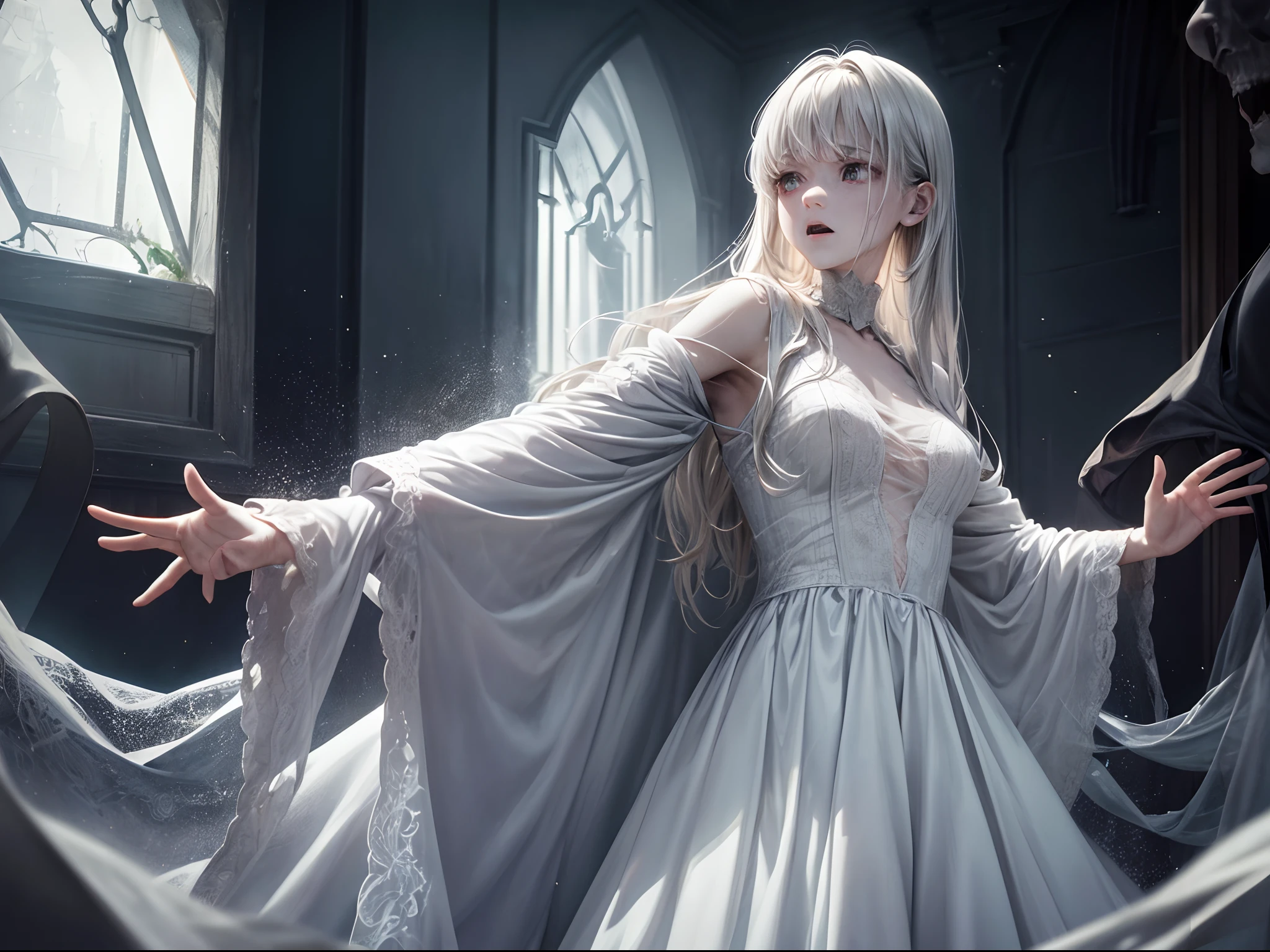 (best quality,4k,8k,highres,masterpiece:1.2),ultra-detailed,(realistic,photorealistic,photo-realistic:1.37),horror,ghost,ghostly figure,translucent apparition,dark shadow,haunting presence,ethereal entity,trembling in fear,white flowing gown,floating above the ground,pale and ghastly face,red glowing eyes,spectral hands outstretched,spooky atmosphere,dimly lit room,creepy sensation,sudden chill,gripped by terror,horror movie scene,paranormal activity,unsettling silence,nightmarish experience,goosebumps-inducing,rustling curtains,haunted house,terrifying encounter,heart pounding,shrieking whispers,bone-chilling,macabre aura,spine-tingling,otherworldly presence,supernatural phenomenon,dreadful mystery,scary ambiance,terrifying apparition,unsettling succession of events,petrified with fear,hauntingly beautiful.