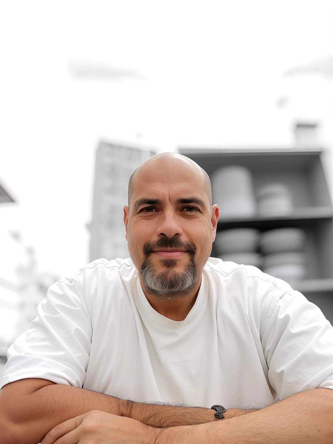 There's a man sitting, camisa branca, foto de um homem, Retrato tirado 8 K, imagem retrato, uma foto de um homem, foto modo retrato, careca e cavanhaque