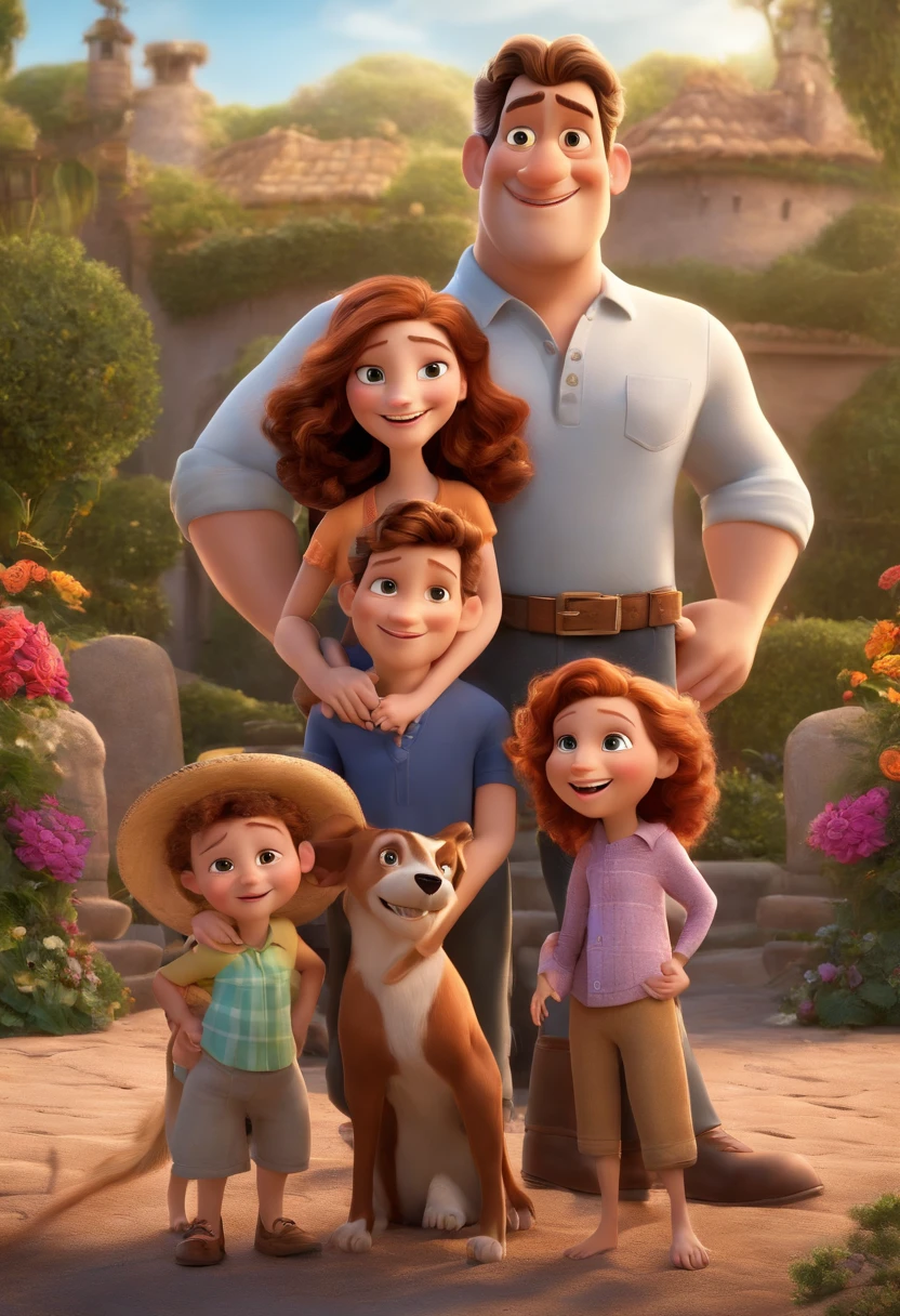 a Disney Pixar movie poster showing a white-skinned family. The father is the tallest, Tem barba curta, loiro, cabelos curtos e espinhosos. The mother has brown eyes and hair, shoulder-length and is slightly overweight. A tem 4 anos e cabelos castanhos, roupa rosa e rabos de cavalo. The background is a beach garden. 3D-rendering