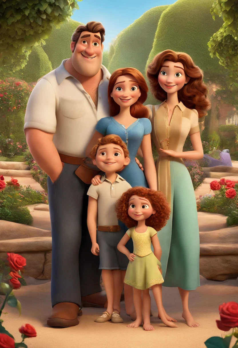 a Disney Pixar movie poster showing a white-skinned family. The father is the tallest, Tem barba curta, loiro, cabelos curtos e espinhosos. The mother has brown eyes and hair, shoulder-length and is slightly overweight. A menina tem 4 anos e cabelos castanhos, roupa rosa e rabos de cavalo. The background is a beach garden. 3D-rendering