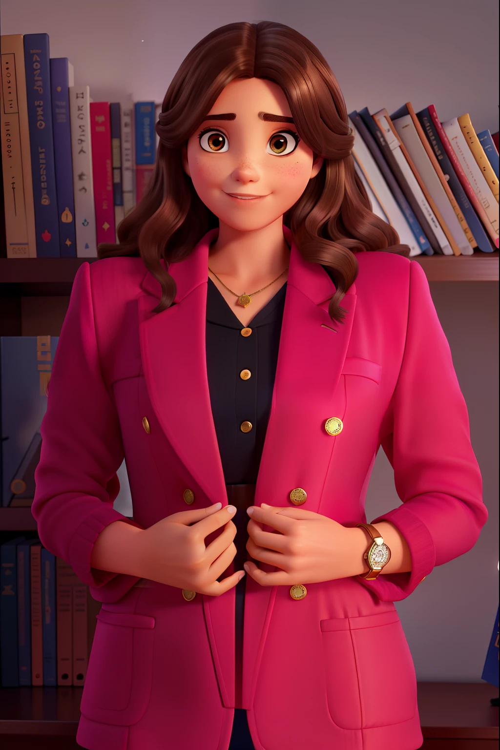Uma mulher jovem, medium brunette hair with highlights, posando para uma foto close up, segurando o blazer, ou um livro, parada na frente, illuminated by the light of a lamp, contra o pano de fundo de uma biblioteca cheia de livros EM POSTER DISNEY / PIXAR.