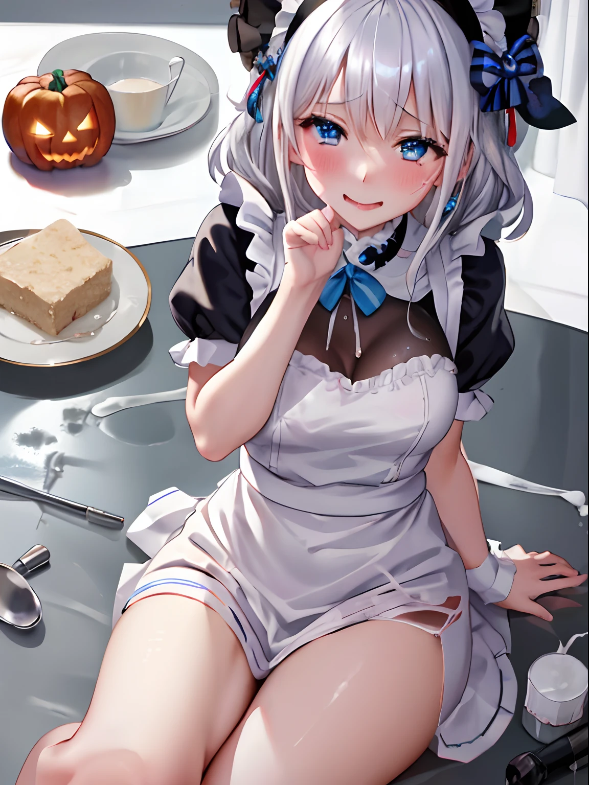 Halloween,girl with,Fluffy Maid Clothes,red blush,Legs wide open,piston,insertion,Thrust up from the bottom,junction,SEX,copulation,White liquid on it,Hands restrained overhead,Disheveled clothes,shed tears,涎,Faces soaked in joy,A face full of anticipation,AHE Face,Mouth ajar,Eyes are hearts,Shorthair with silver hair,Blue eyes,独奏,1 persons