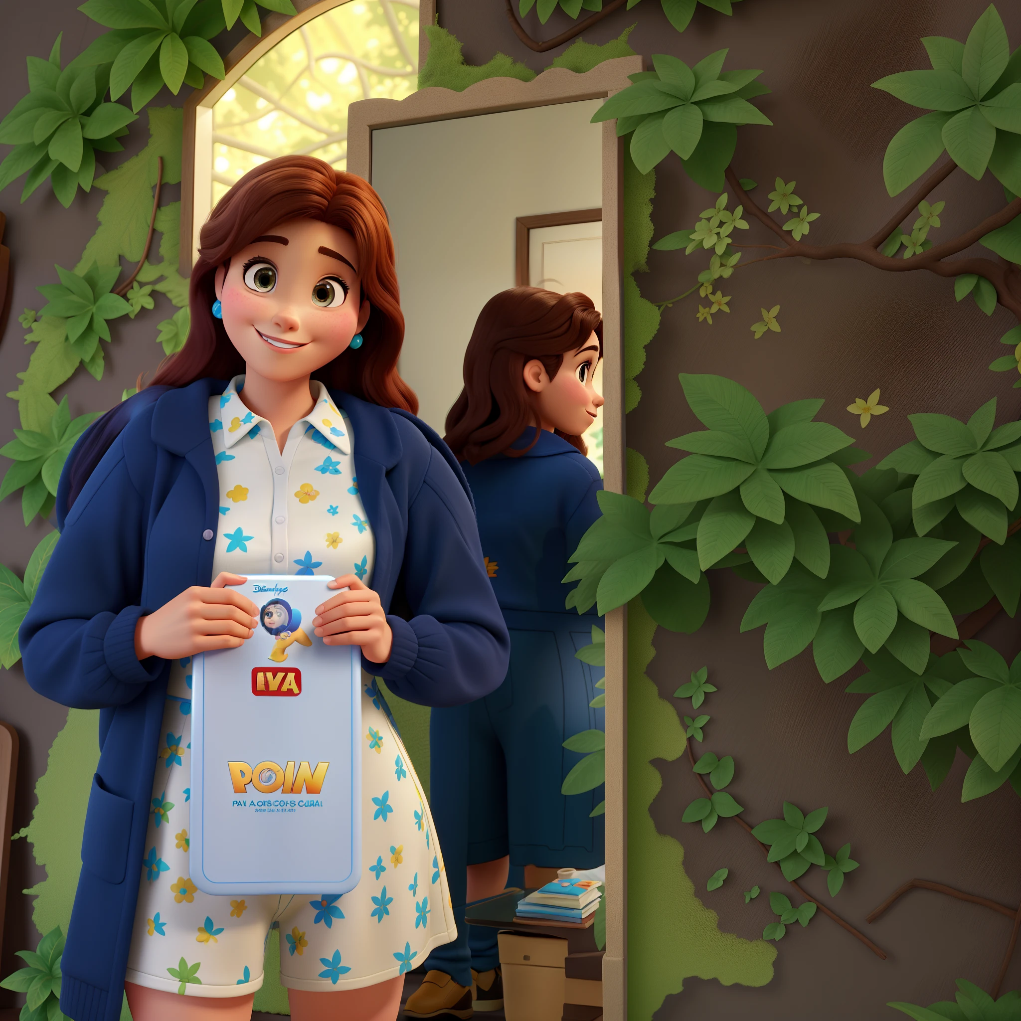 Transforme a foto em estilo poster disney pixar, alta qualidade, melhor qualidade, 8k quality, mulher sorrindo, mirror behind her
