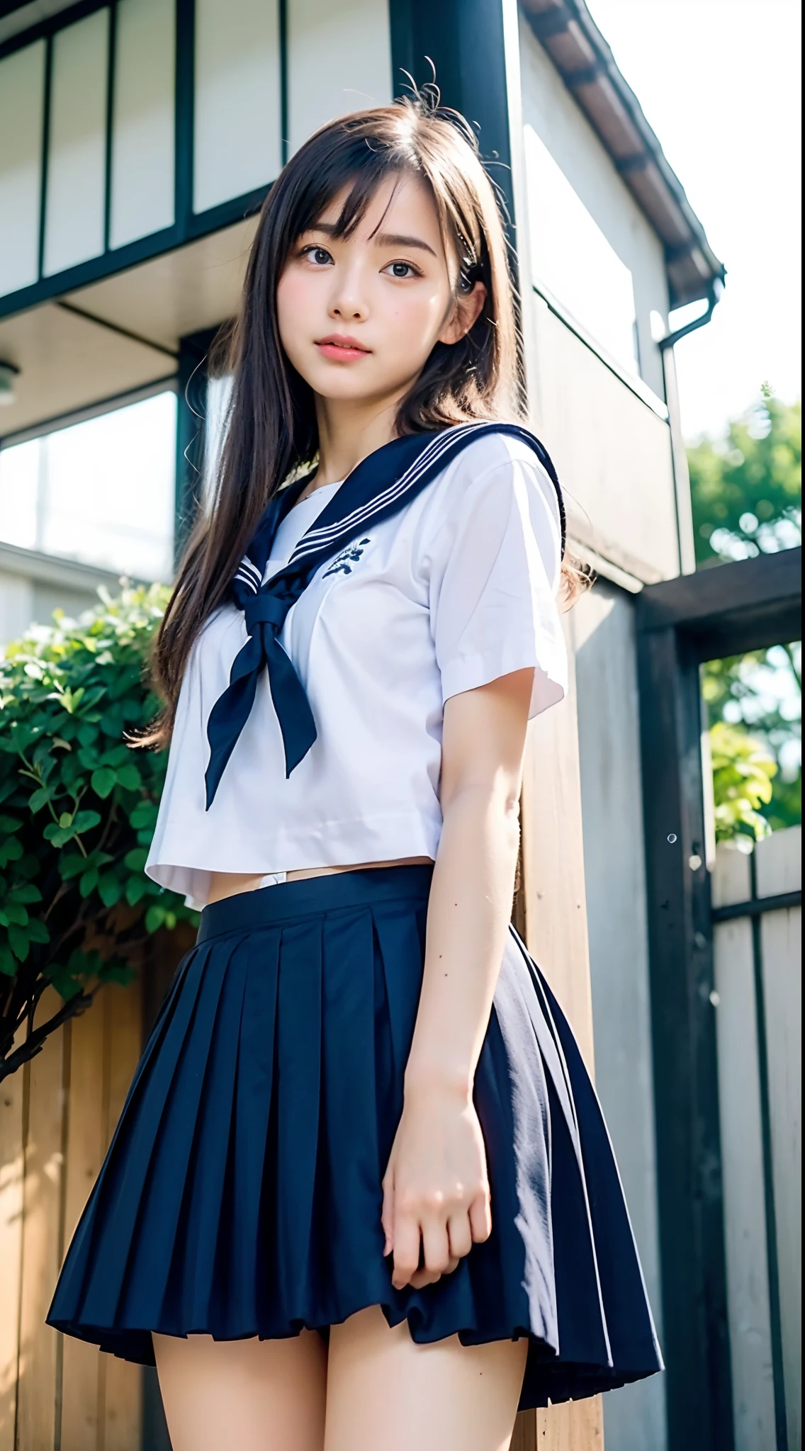 neat college girl, (school uniform, sailor uniform, ribbon tied at chest, summer uniform, upper body white, skirt is dark blue), outside the athletic field, (slim), photorealistic, detail, skin texture, ultra detail, delicate sexy collarbone, smile, super detailed face, detailed lips, detailed eyes, small breasts, small breasts, small, small, flat breasts, breast emphasis