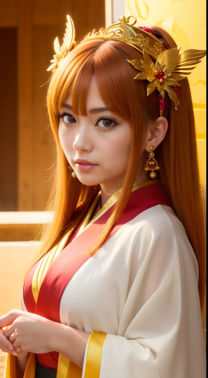 masutepiece, Best Quality, hight resolution, photoreaslistic, Detailed face,Looking at the camera,Front view,Goddess,God of Luck, Upper body, Golden kanzashi hair, Beautie, shrines, shining background, Golden kimono