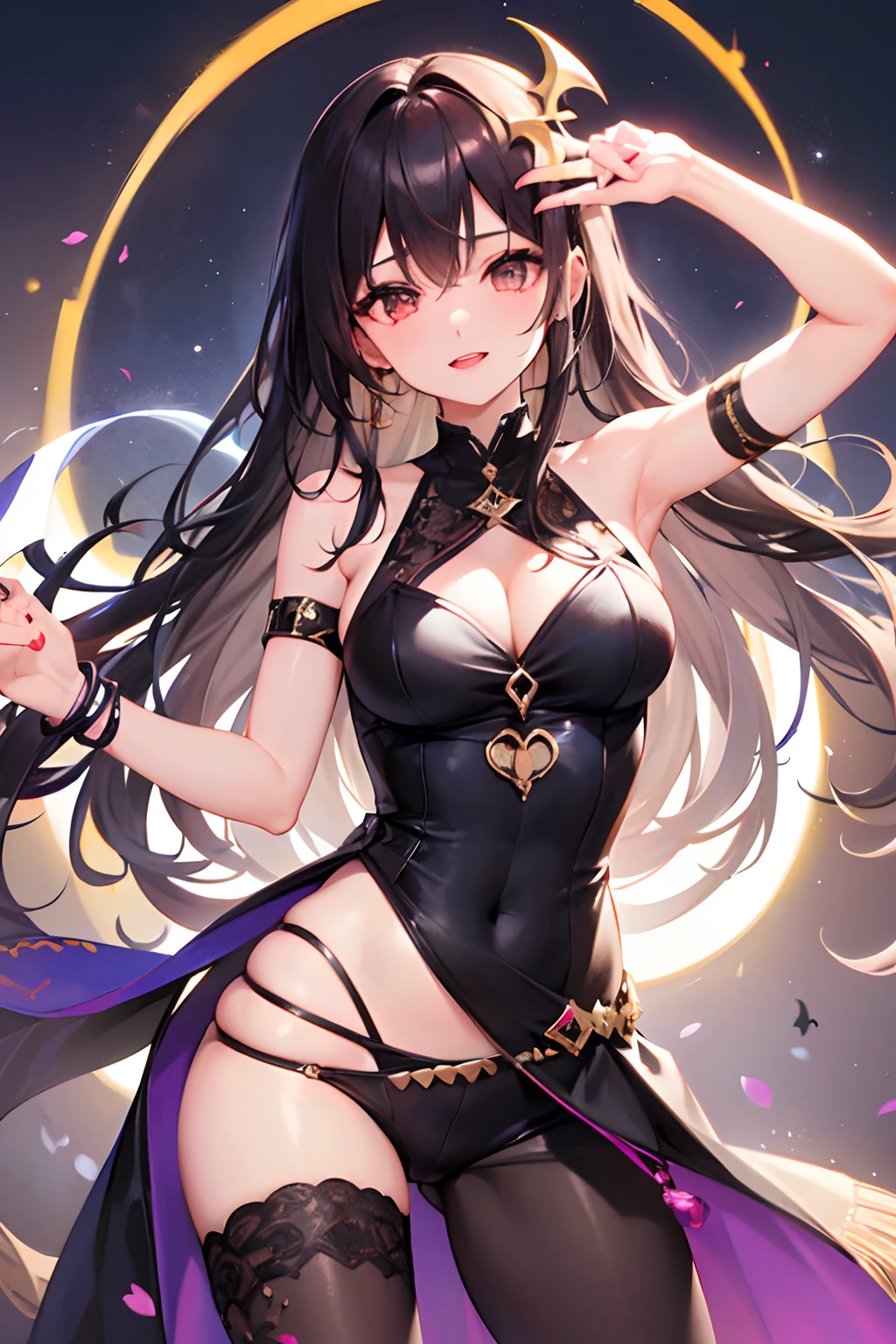 ((cabello negro)) , ((senos grandes)), ((cantante idol)), Witch , cuero, cabello lacio, Cabello largo, ojos azules , 4k, obra maestra, alta calidad, adulto, cuerpo completo, pantys, muslos regordetes, caderas anchas, Nails painted black, delineador negro, red lipstik, sonrisa, vestido largo negro, manos perfectas, tomando un microfono