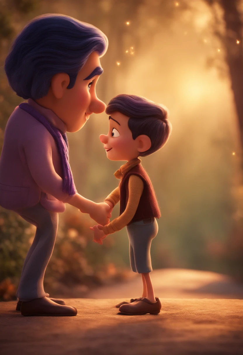 Create a poster inspired by Disney Pixar movies, apresentando um casal acompanhado por uma de altura mediana com cabelos cacheados escuros , olhos castanhos ,rosto redondo com sarna , usando oculos redondo com roupas azuis e lilas