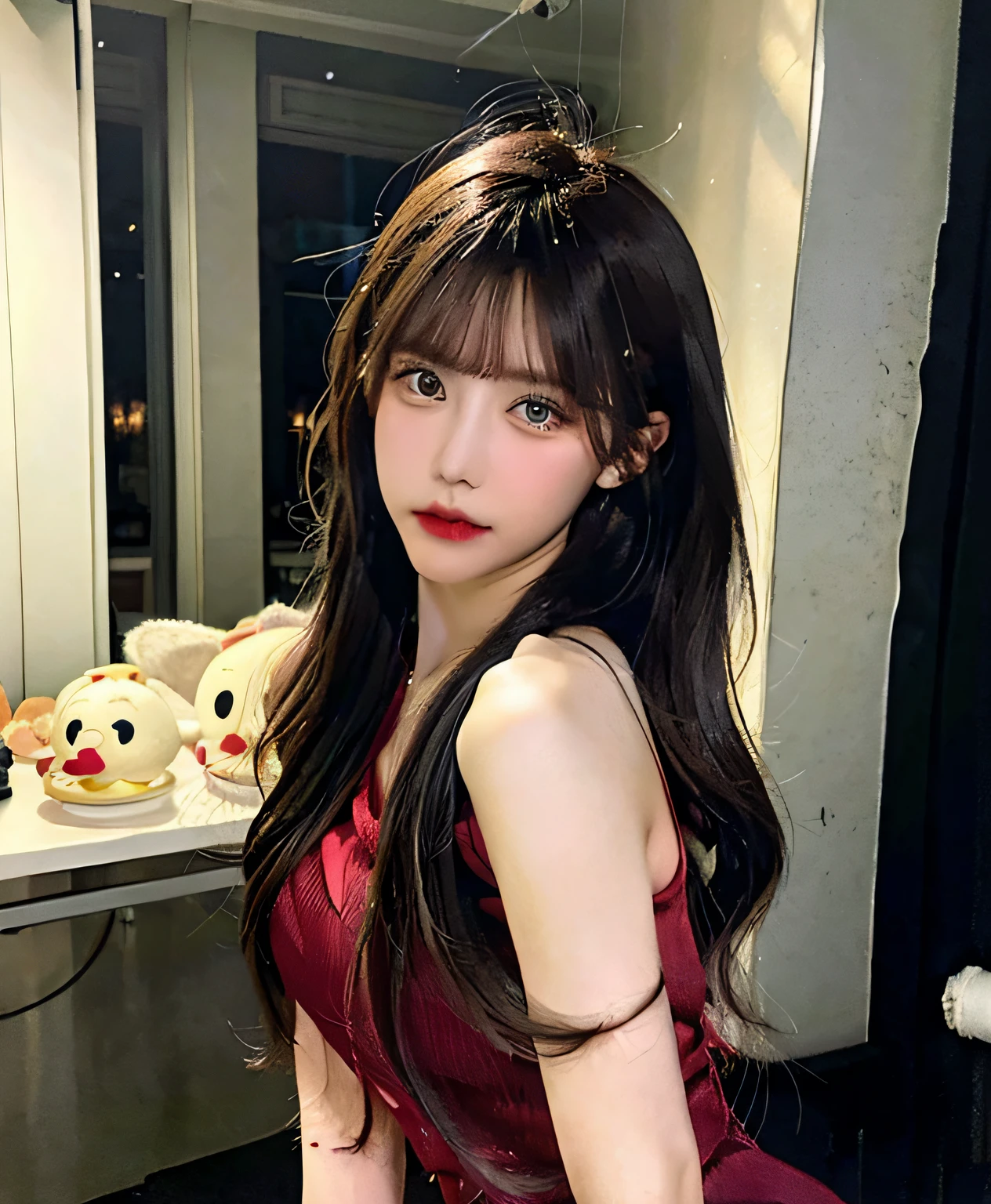 a 1990s \(style\), messy hair, red dress,black hair, looking at viewer,