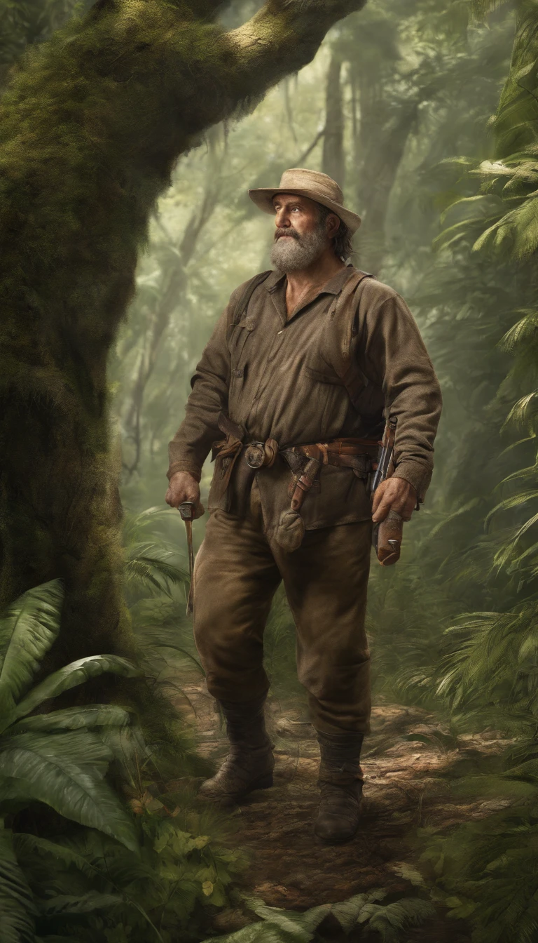 A middle-aged man with vicissitudes, Spear in hand, Hunt a brown bear in the jungle
