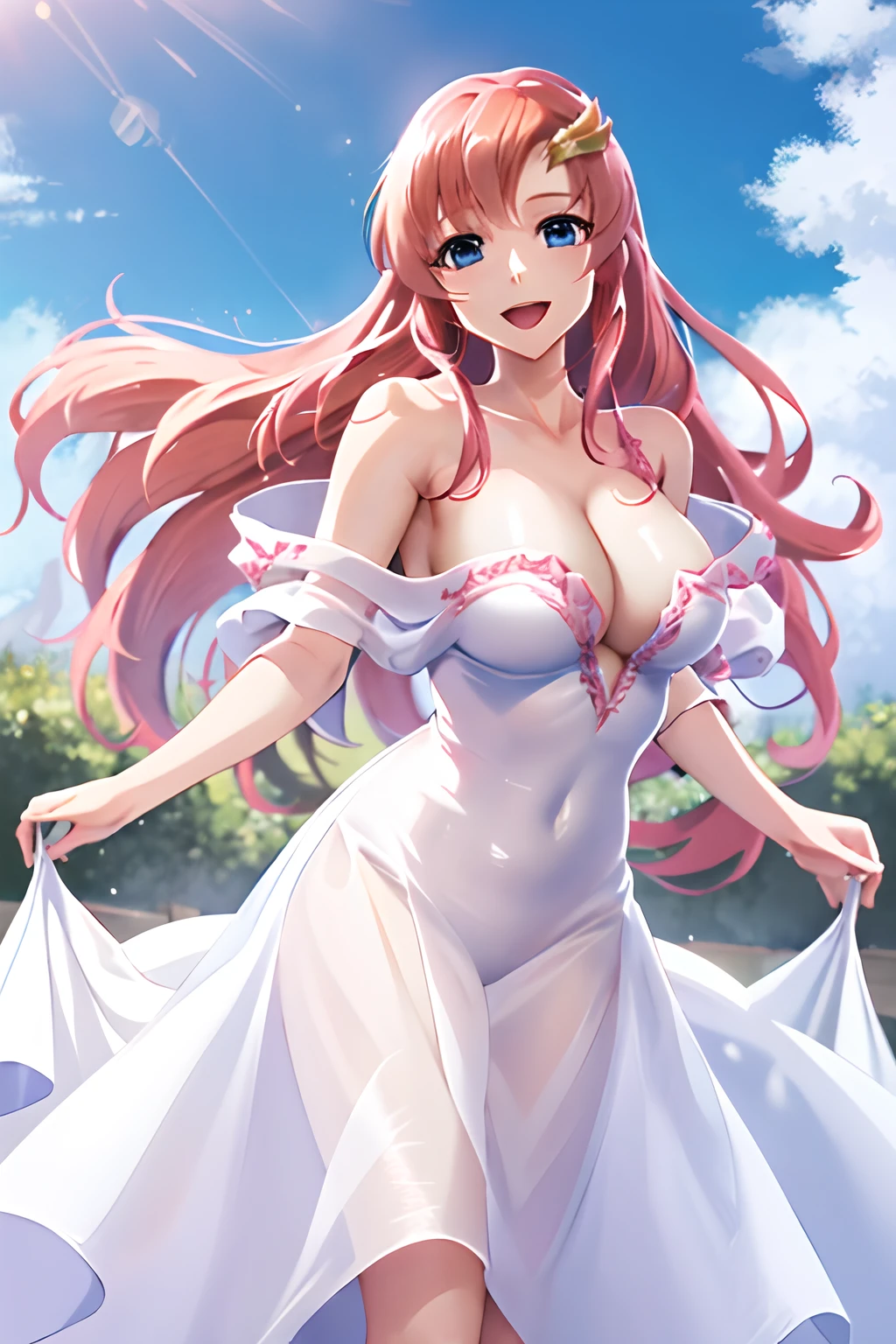 masterpiece, best quality, highres, anime, lacus4, 1girl, solo, long hair, dress, hair ornament, pink hair, cleavage, blue eyes, off-shoulder, white dress, large breasts, smile, cowboy shot, open mouth,