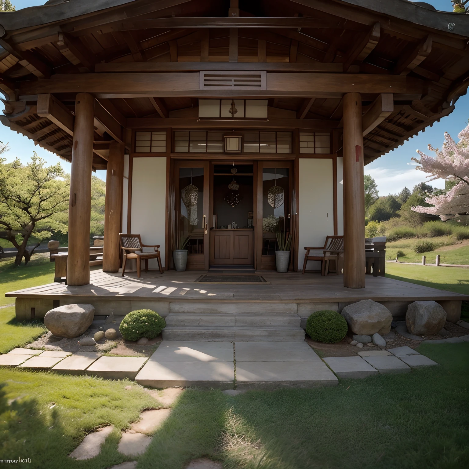 best quality,4k,8k,highres,masterpiece:1.2,(ultra-detailed),(realistic,photorealistic,photo-realistic:1.37),traditional,inkwash painting,Japanese ink painting,circle cabin,ancient Chinese architectural accessories,beautiful cherry blossoms,green meadows,wonderful rocks,soft sunlight,Warm and peaceful atmosphere,harmonious colors,calm and gentle strokes,serene scene.