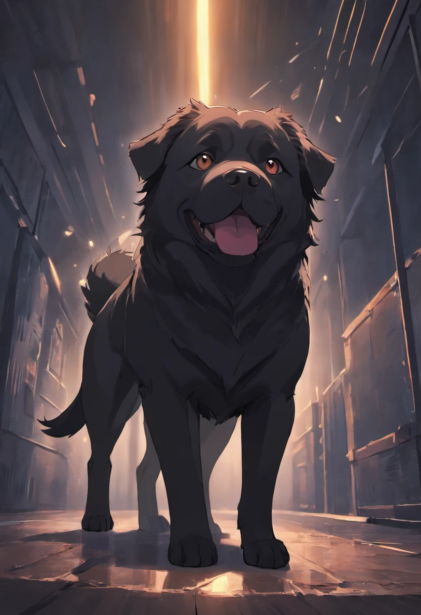A big black dog,Chowchow preto puro,The backdrop is the countryside at night,