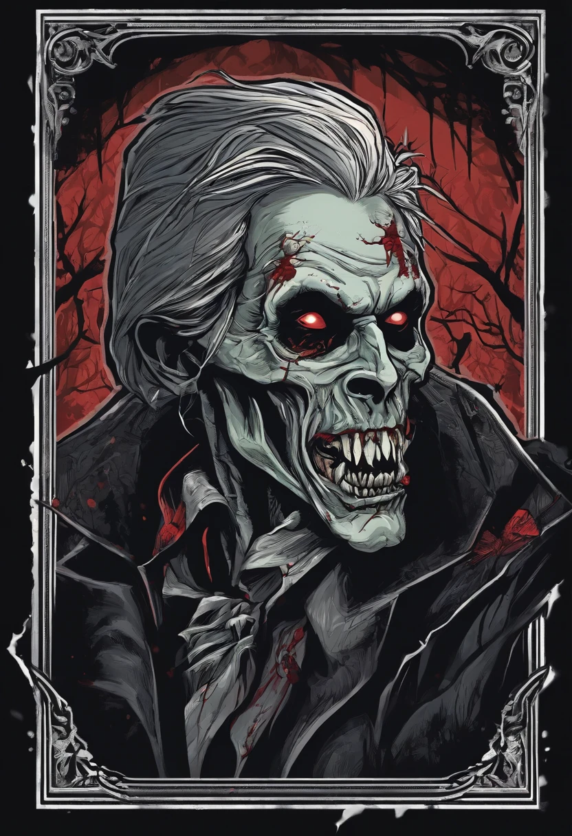 /imagine prompt: zombie vampire illustration for a sticker with a black background, in bold outline style, jagged edges, trashcore, light shading --v 5.2