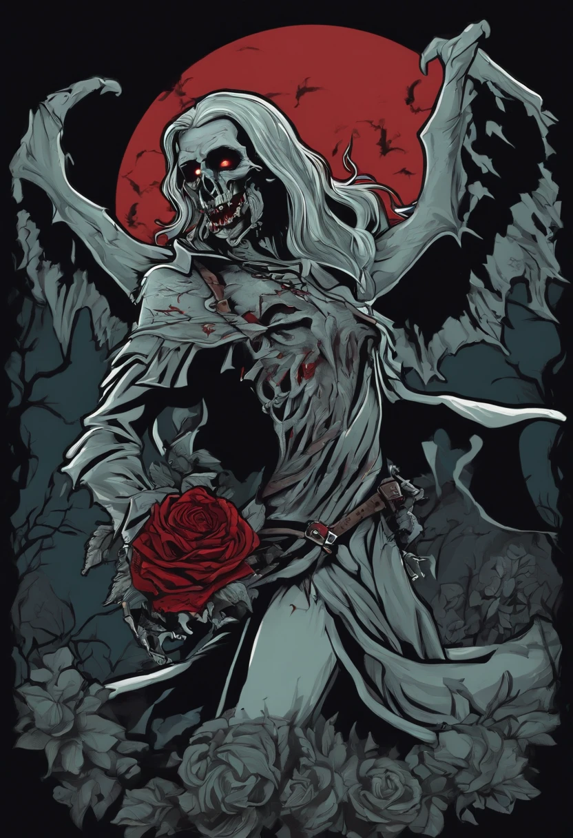/imagine prompt: zombie vampire illustration for a sticker with a black background, in bold outline style, jagged edges, trashcore, light shading --v 5.2