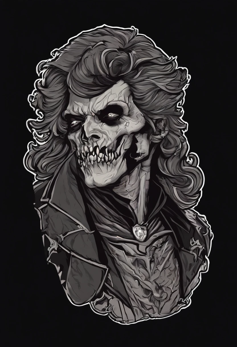 /imagine prompt: zombie vampire illustration for a sticker with a black background, in bold outline style, jagged edges, trashcore, light shading --v 5.2