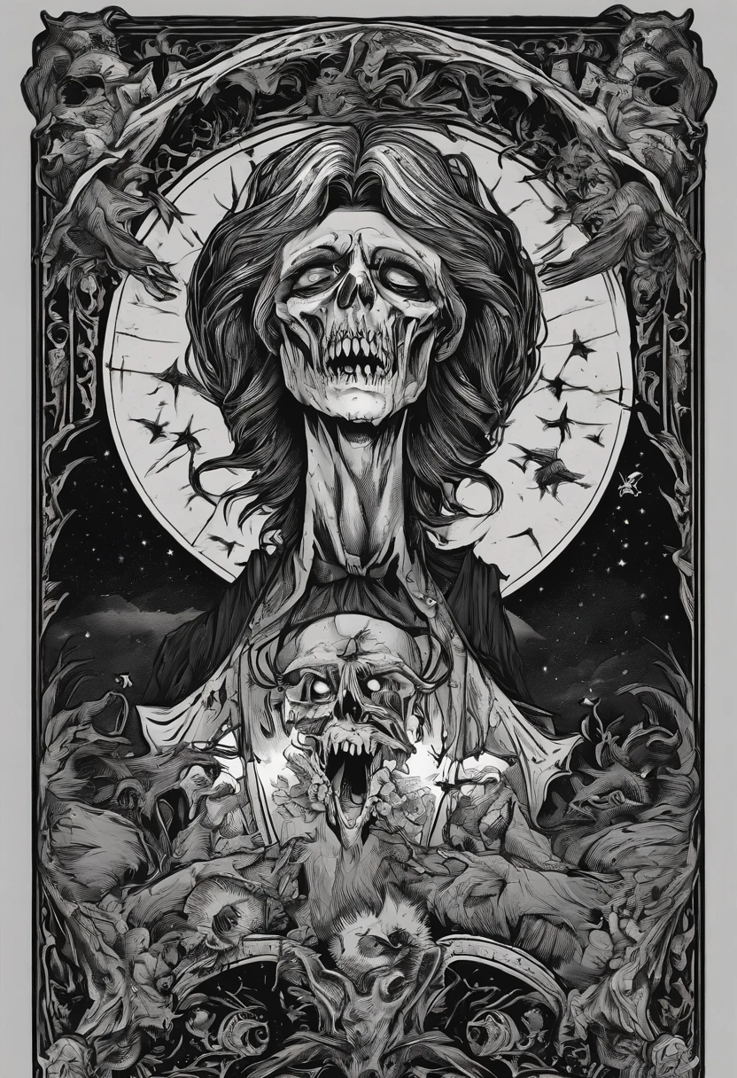 /imagine prompt: zombie vampire illustration for a sticker with a black background, in bold outline style, jagged edges, trashcore, light shading --v 5.2
