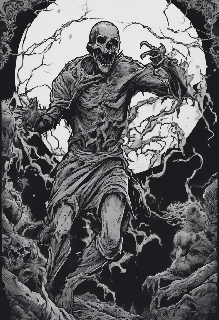 /imagine prompt: zombie ghost illustration for a sticker with a black background, in bold outline style, jagged edges, trashcore, light shading --v 5.2