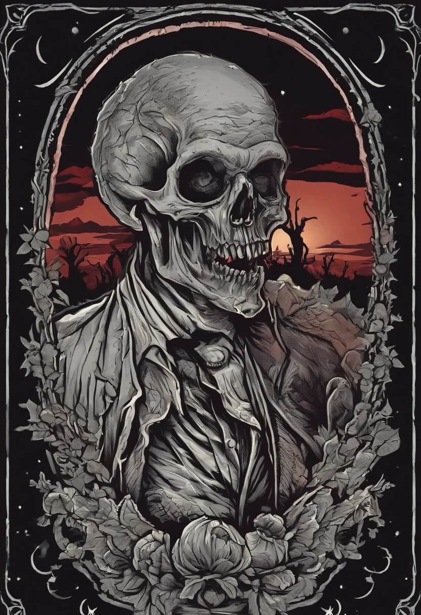 /imagine prompt: zombie ghost illustration for a sticker with a black background, in bold outline style, jagged edges, trashcore, light shading --v 5.2