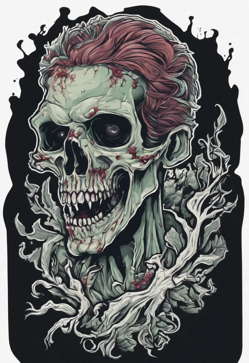 /imagine prompt: zombie ghost illustration for a sticker with a black background, in bold outline style, jagged edges, trashcore, light shading --v 5.2