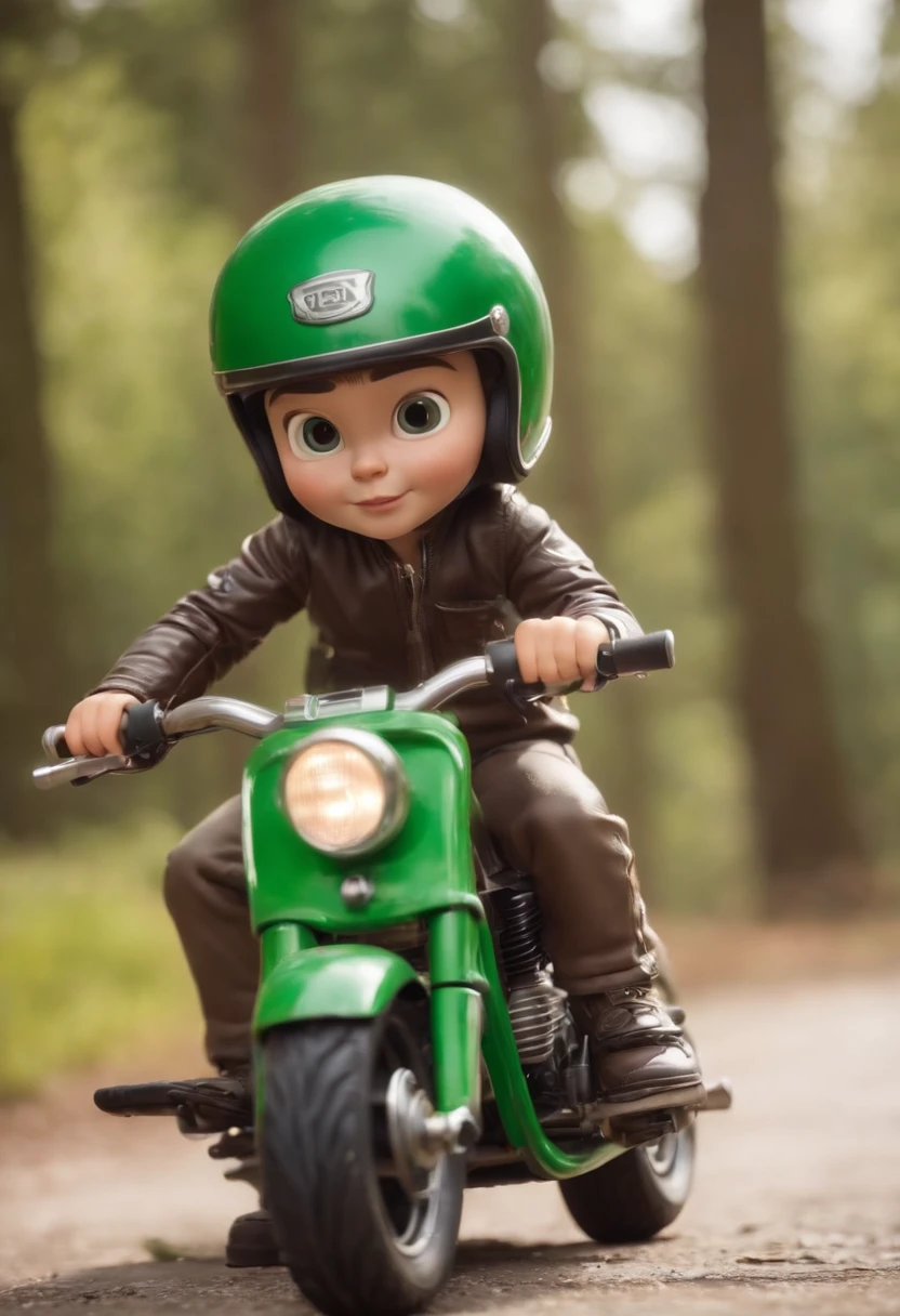 Tipo 3d pixar um menino loirinho de cabelo liso e olhos verdes  de um ano  de idade muito lindo,  brincando com sua mini moto estilo choper