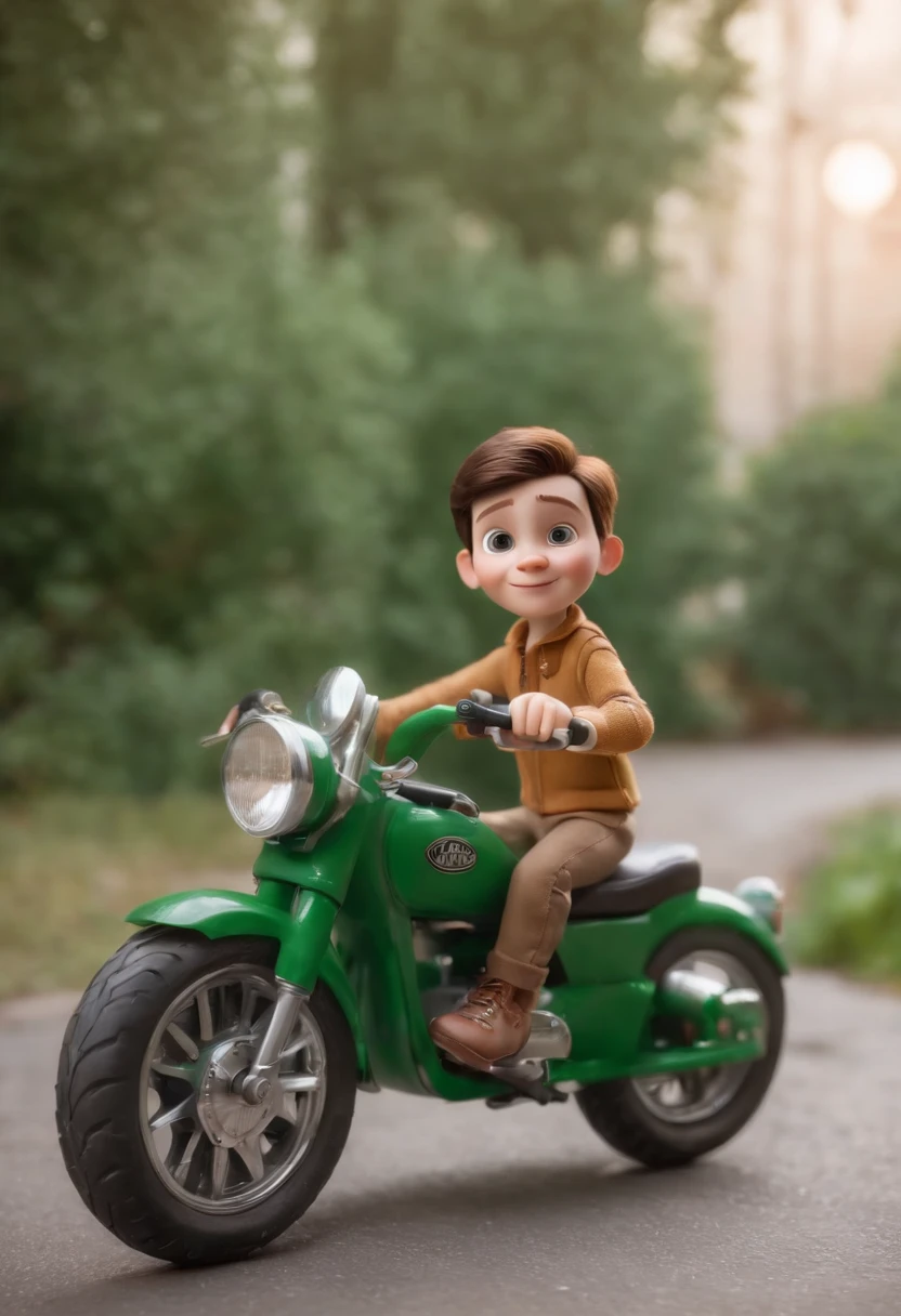 Tipo 3d pixar um menino loirinho de cabelo liso e olhos verdes de um ano de idade muito lindo, brincando com sua mini moto estilo choper