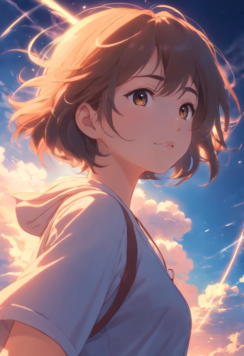 masterpiece, best quality, movie still, 1girl, cloud girl, floating in the sky, close-up, bright, happy, warm soft lighting, sunset, (sparks:0.7)