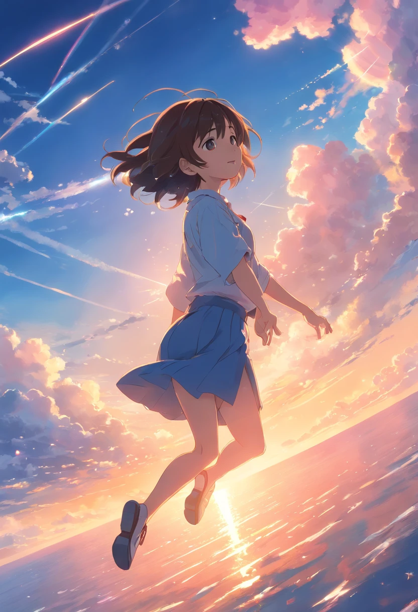 (best quality,highres,masterpiece:1.2),cinematic still,1girl,cloud boy,hovering in the sky,close-up,bright,happy,warm soft lighting,sunset,(spark:0.7),a high school boy in uniform