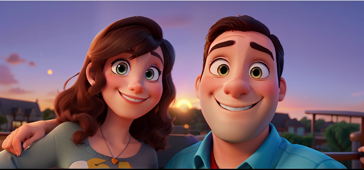 A couple, in Pixar Disney animation style, smiling with a beautiful sunset behind