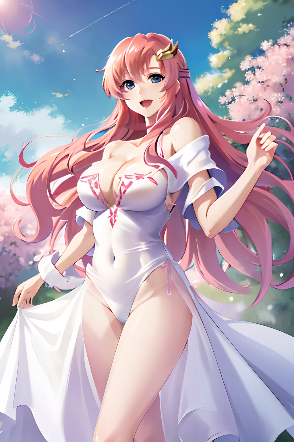 masterpiece, best quality, highres, anime, lacus4, 1girl, solo, long hair, dress, hair ornament, pink hair, cleavage, blue eyes, off-shoulder, white dress, large breasts, smile, cowboy shot, open mouth,