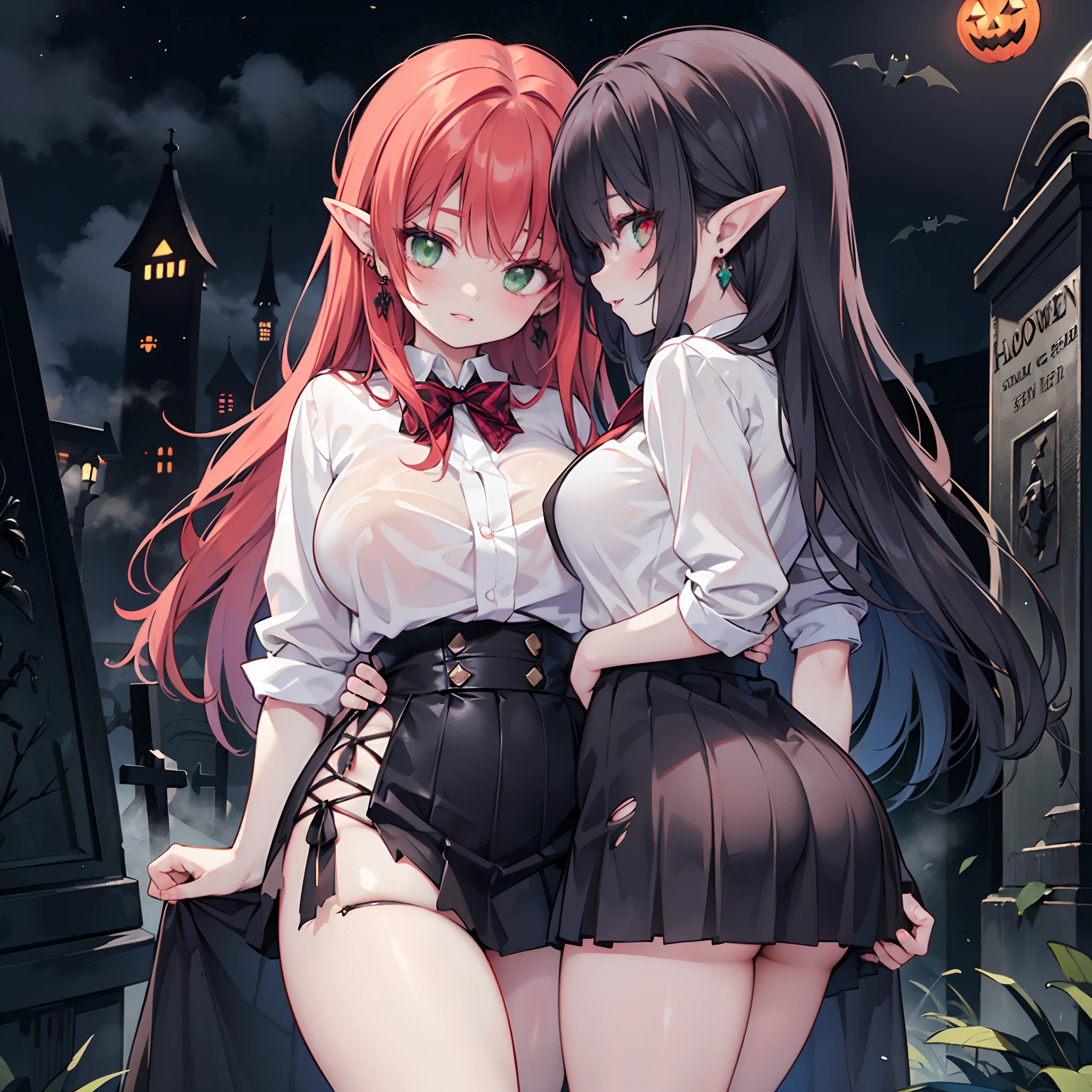 Realistic and detailed image of a zombie elf. Dressed in torn school uniform and ripped pleated mini skirt. Unusually shiny long silky scarlet red hair. Green eyes. She has earrings and long eyelashes. Has full lips. Large breasts, slim waist, very wide hips and thick thighs. Dark smile. Back arched. Dark mood. Foggy night, Halloween. crawling. Cemetery.