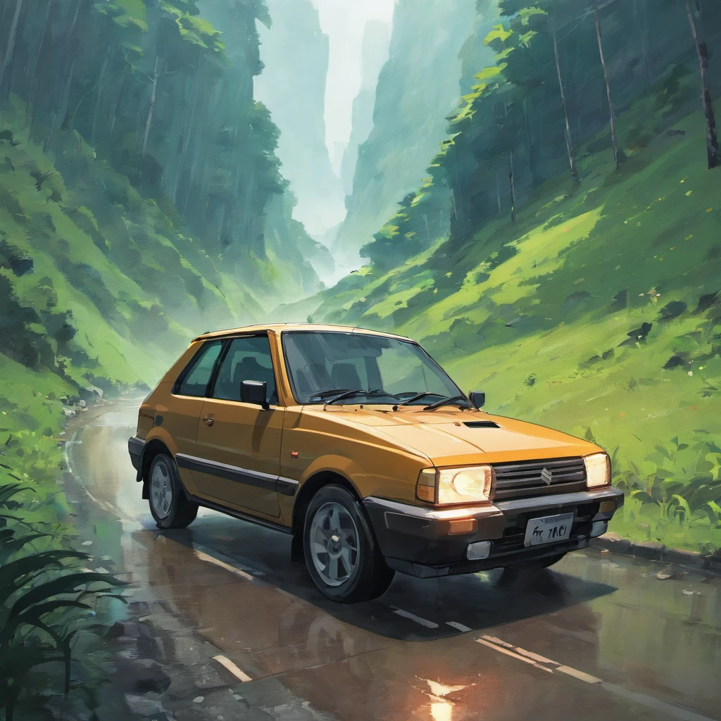 Suzuki Jimny Driving on mountain roads I'm doing my best under the rain Illustration style
